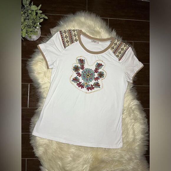 Delila Texas Mineral Wash Floral Embroidered Patchwork Short Sleeve Shirt Sz XL - Picture 2 of 10